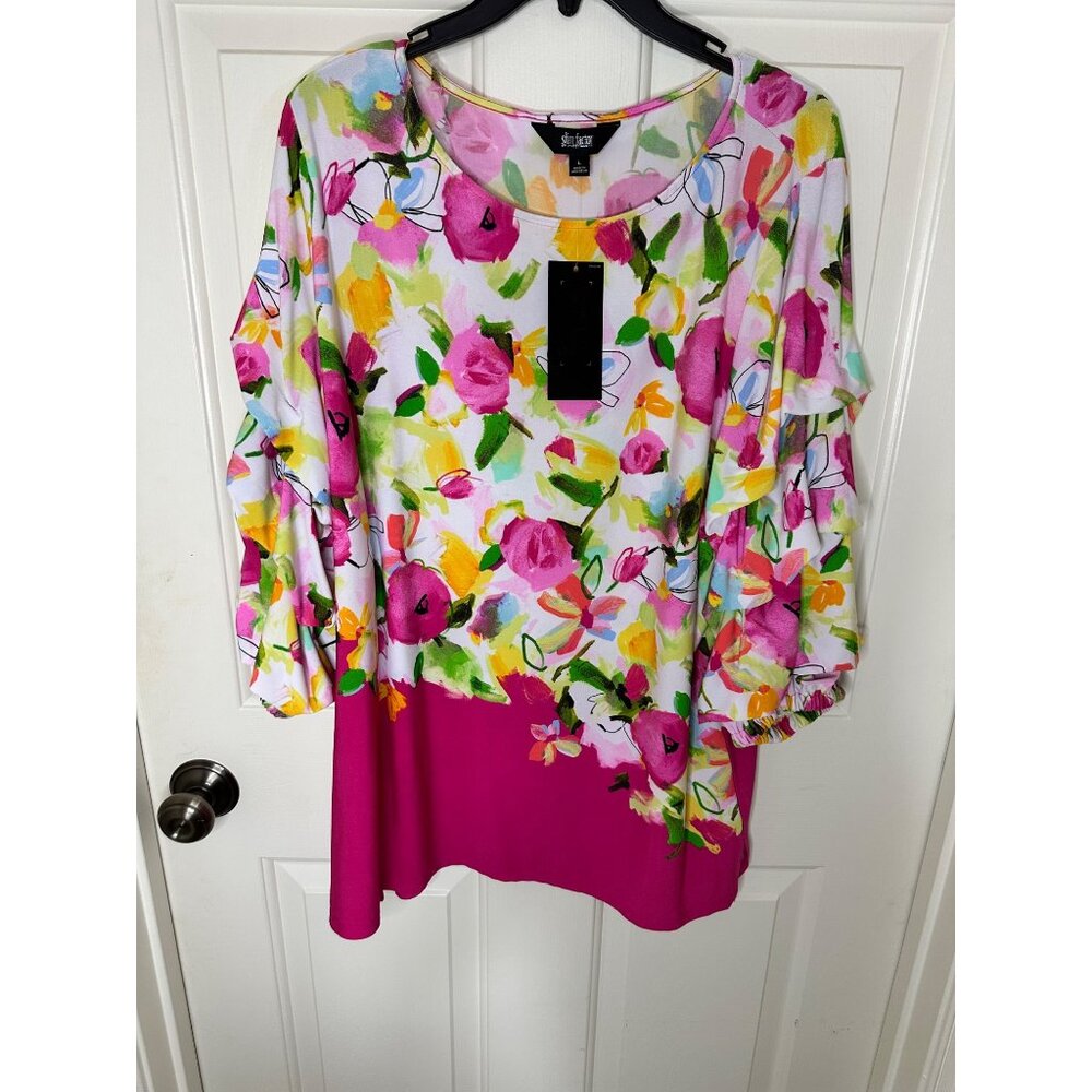Slim Factor Blouse Investments Floral Womens Tunic Top Large 3/4 Ruffle Sleeve